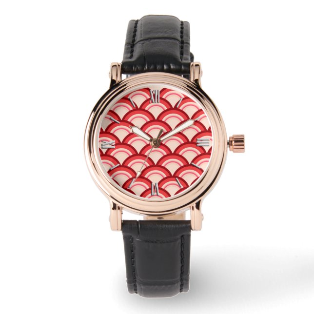 Art Deco Wellenmuster - Korallenrot und Rosa Armbanduhr (Vorderseite)