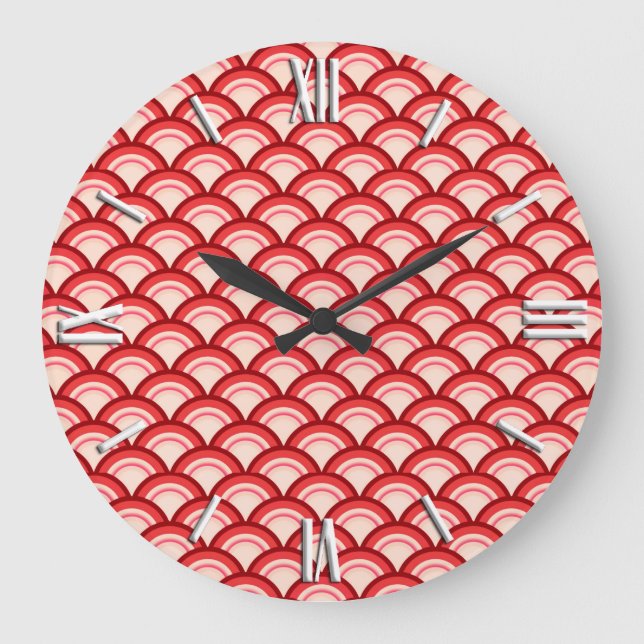 Art Deco-Wellenmuster - Korallenrot und Rosa Große Wanduhr (Vorderseite)