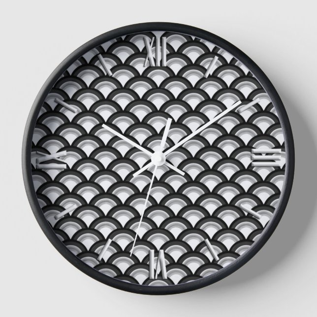 Art-Deco-Wellenmuster - Schwarzweiß Wanduhr (Vorderseite)
