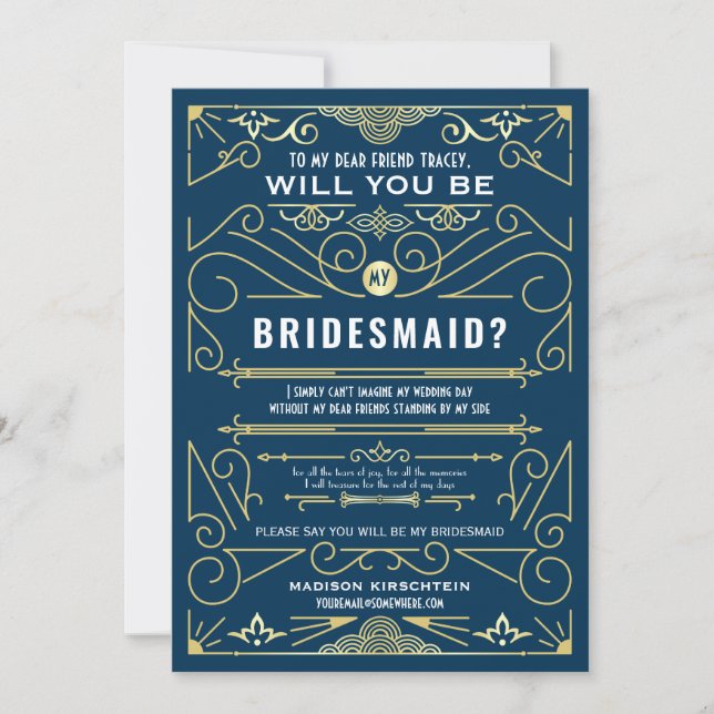 Art Deco werden Sie meine Bridesmaid Gold Blue sei Einladung (Vorderseite)
