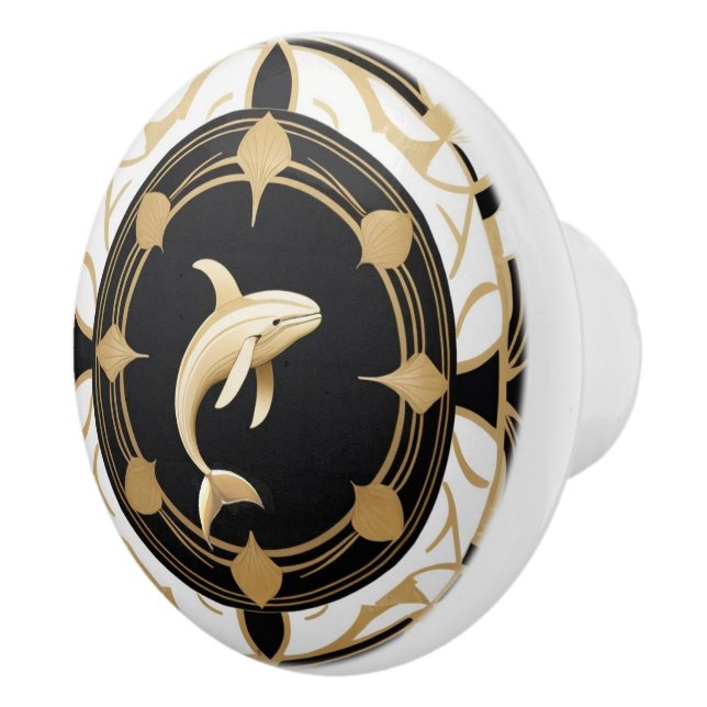 Art Deco Whale Schwarz-weiß Gold Keramikknauf (Rechts)