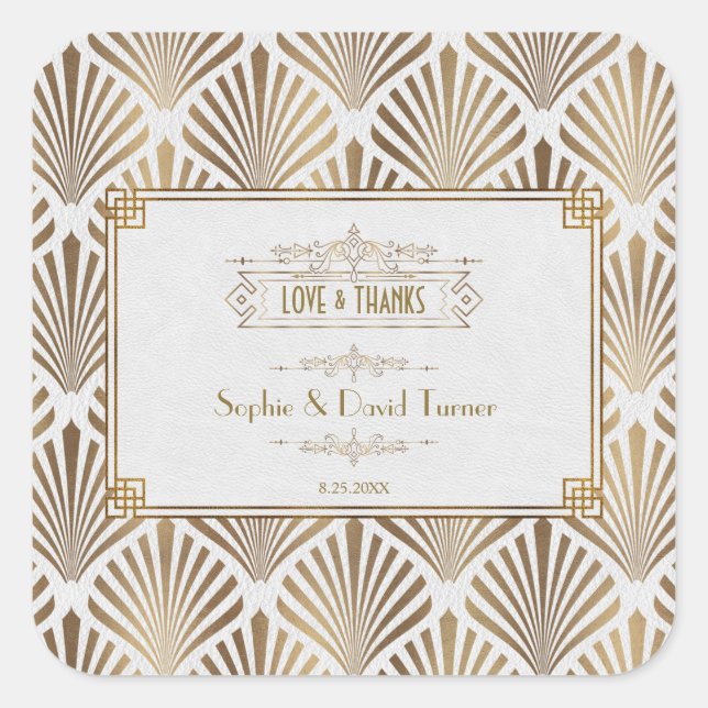 Art Deco White Gatsby 1920er Hochzeit Quadratischer Aufkleber (Vorderseite)