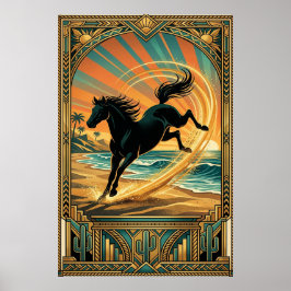 Art Deco Wildpferd Strand Sonnenuntergang Türkis O Poster