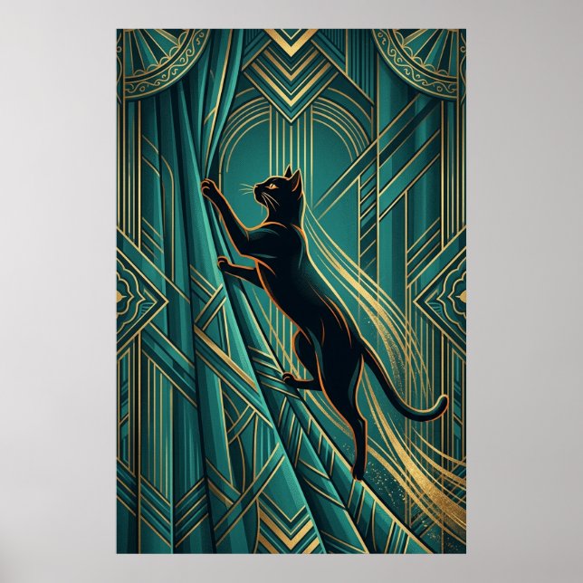 Art Deco Windowsill Black Cat Wall Art Poster (Vorne)