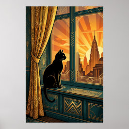 Art Deco Windowsill Gazing Cat Wall Art Poster