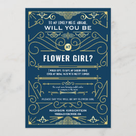 Art Deco wird mein Blumenmädchen Gold Blue sein Einladung