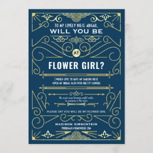 Art Deco wird mein Blumenmädchen Gold Blue sein Einladung