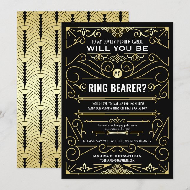 Art Deco wird mein Ring Bearer Gold Black sein Einladung (Vorne/Hinten)