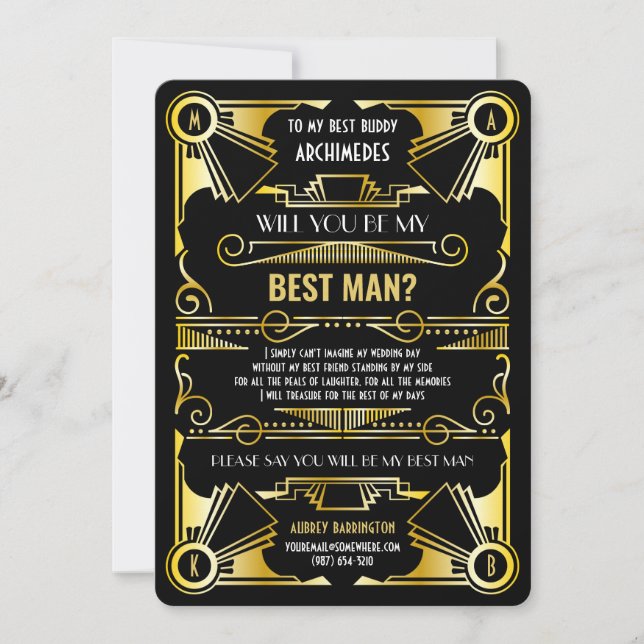 Art Deco wird mein Trauzeuge Gold & Black sein Einladung (Vorderseite)