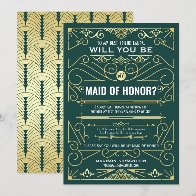 Art Deco wird meine Trauzeugin Gold Green sein Einladung (Vorne/Hinten)