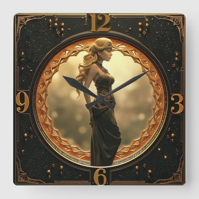 Art Deco with fantasy girl Quadratische Wanduhr (Vorderseite)