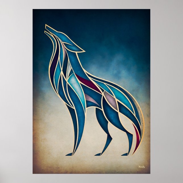 Art Deco Wolf-Geist Abstracte Geometrische Tierkun Poster (Vorne)