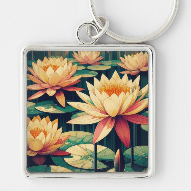 Art Deco Yellow Lotus Schlüsselanhänger (Vorne)