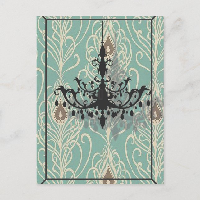 Art Deko aquamarin Pfau Vintager schwarzer Kronleu Postkarte (Vorderseite)