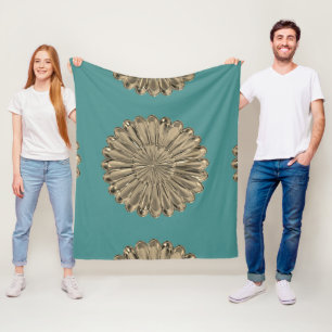 Art Deko Gold aquamarine Look Fan Muschel Design Fleecedecke