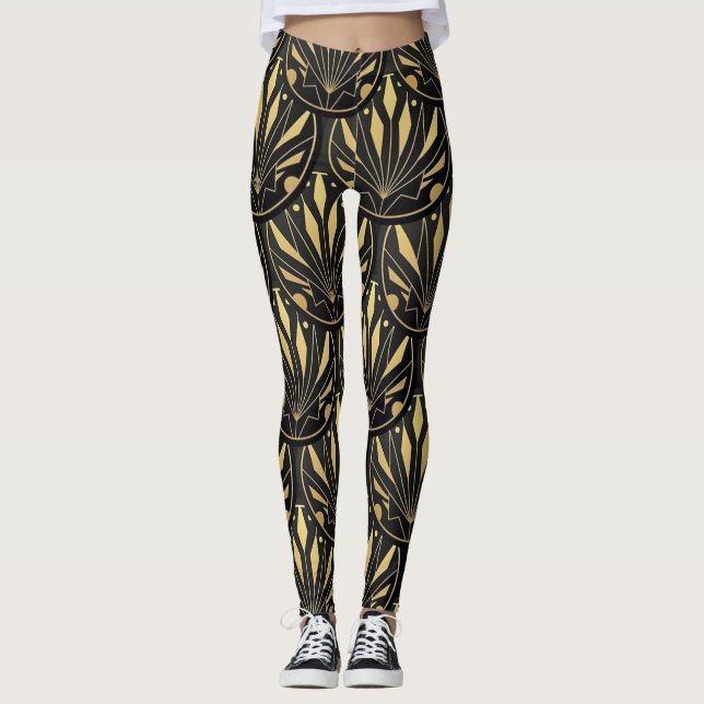Art Deko goldfarbenes Muster Leggings (Vorderseite)