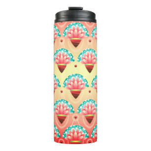 Art Deko Koralle rosa Blume Muster gelb aquamarin Thermosbecher