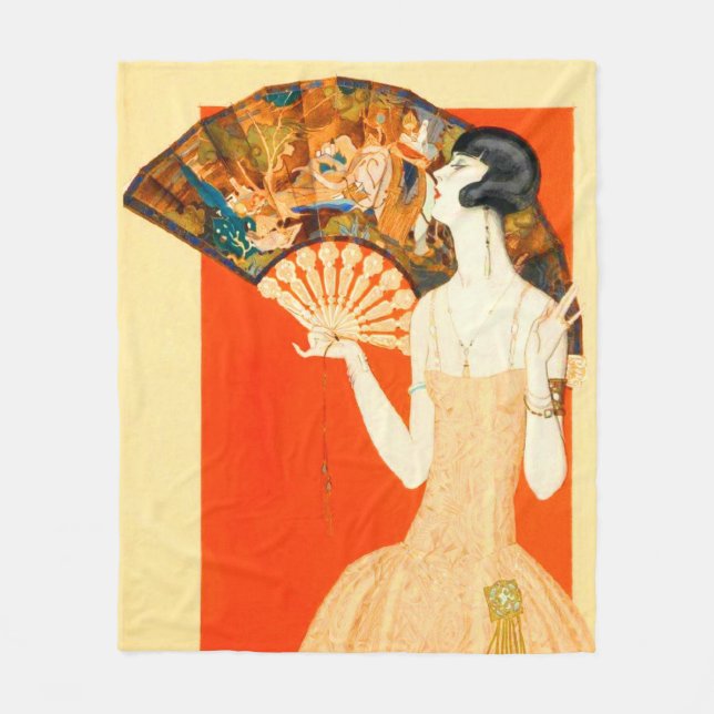 Art Deko Lady mit Ventilator Fleecedecke (Vorderseite)