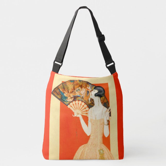 Art Deko Lady mit Ventilator Tragetaschen Mit Langen Trägern (Vorderseite)