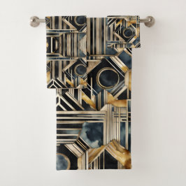 Art-Deko Marmor Schwarz und Gold Jazzy Geometric Badhandtuch Set