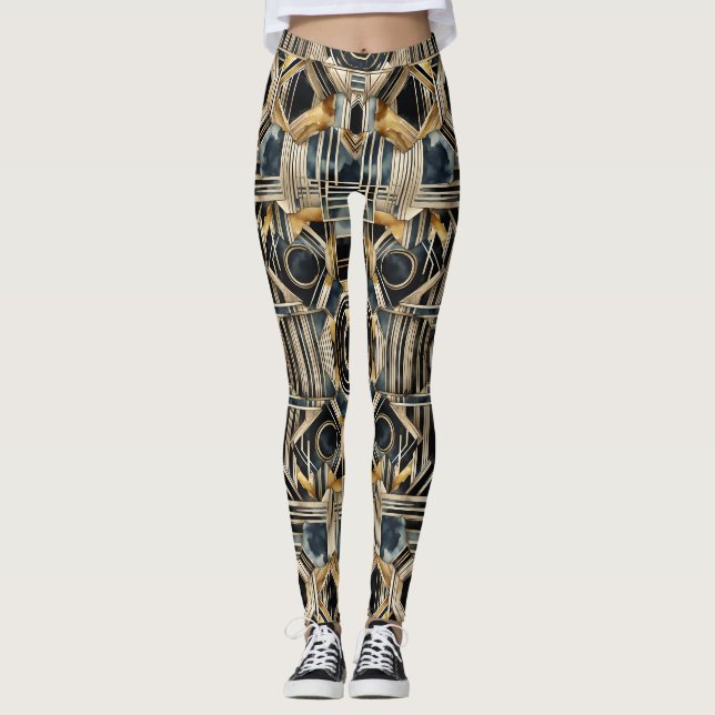 Art-Deko Marmor Schwarz und Gold Jazzy Geometric Leggings (Vorderseite)