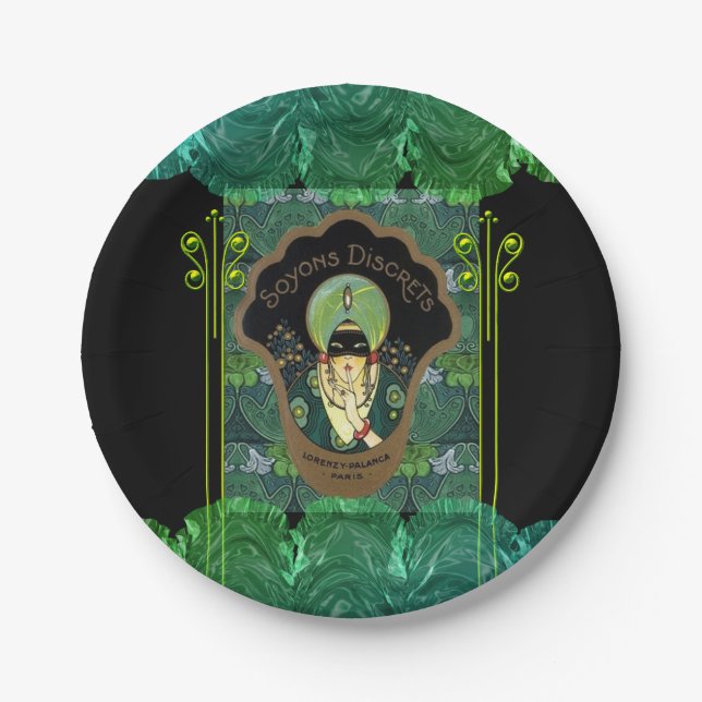 Art Deko maskierte Turbanfrau französisches Parfum Pappteller (Vorderseite)