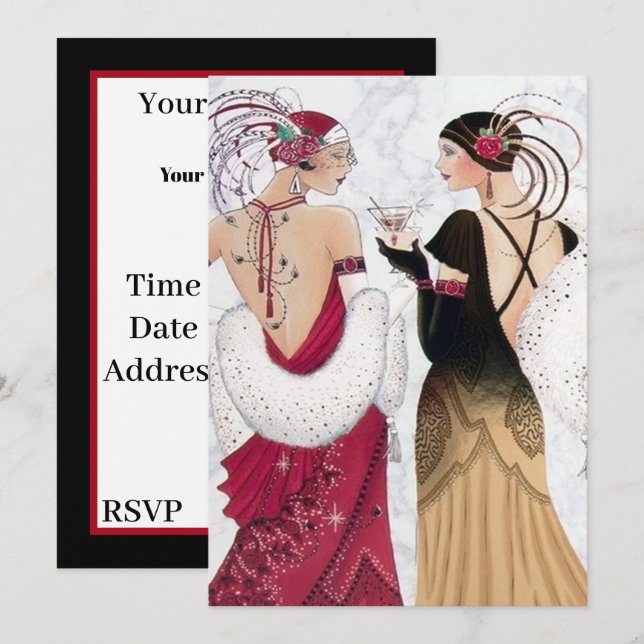 Art Deko Retro-Jahrgang Weihnachten Damen Party Einladung (Vorne/Hinten)