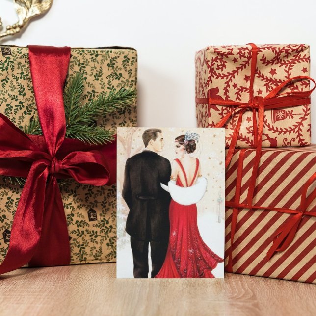 Art Deko Retro Vintag Couple Christmas Mitteilungskarte (Von Creator hochgeladen)