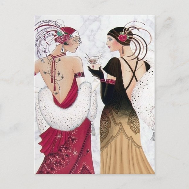 Art Deko Retro Vintage Damen Feiertagspostkarte (Vorderseite)