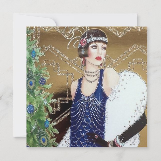 Art Deko Retro Weihnachtsfrau Feiertagskarte (Vorderseite)