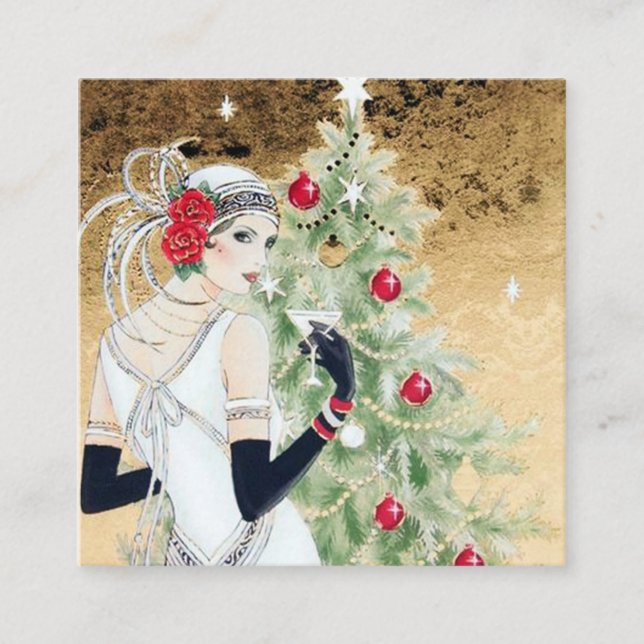 art Deko Retro-Weihnachtsfrau Quadratische Visitenkarte (Vorderseite)