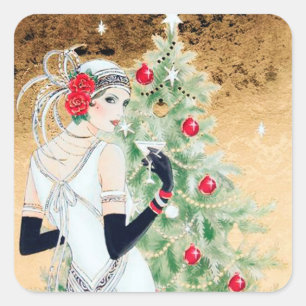 Art Deko Retro Weihnachtsmarke Quadratischer Aufkleber
