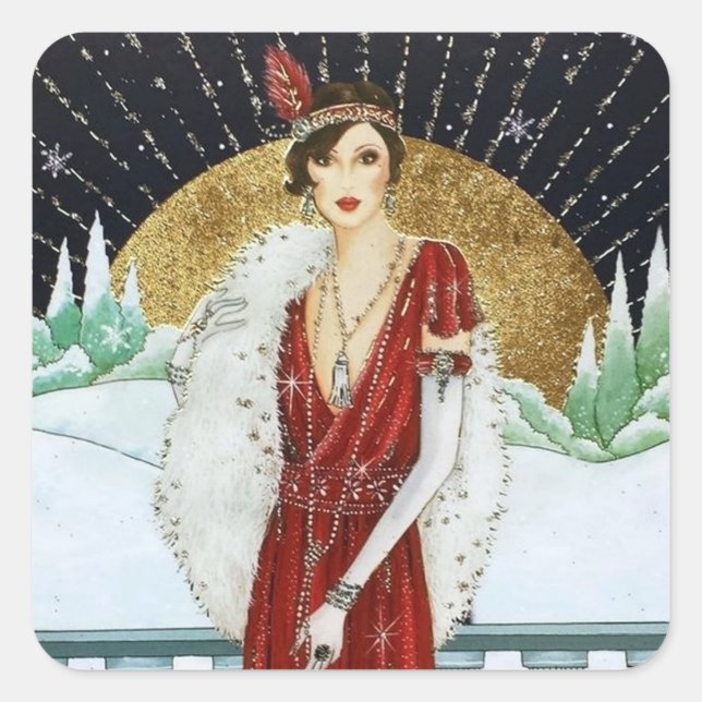 Art Deko Retro Weihnachtsmarke Quadratischer Aufkleber (Vorderseite)