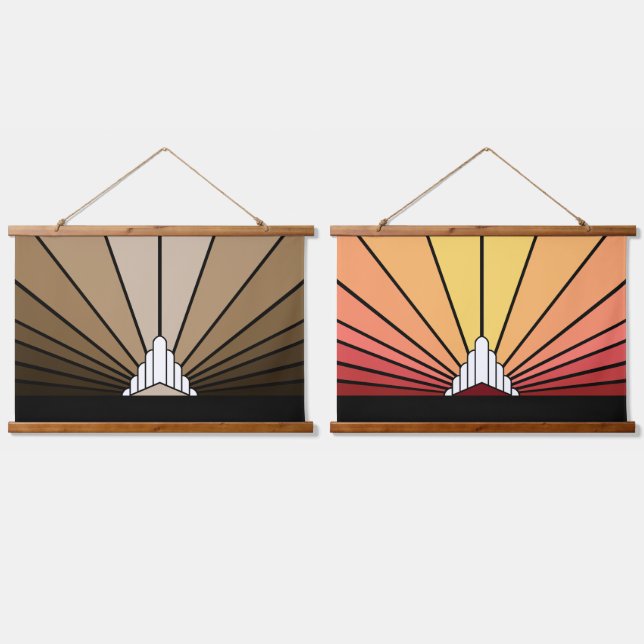 Art Deko Sonne in Bräune/Morgengrauen Wandteppich Mit Holzrahmen (Doppelt)