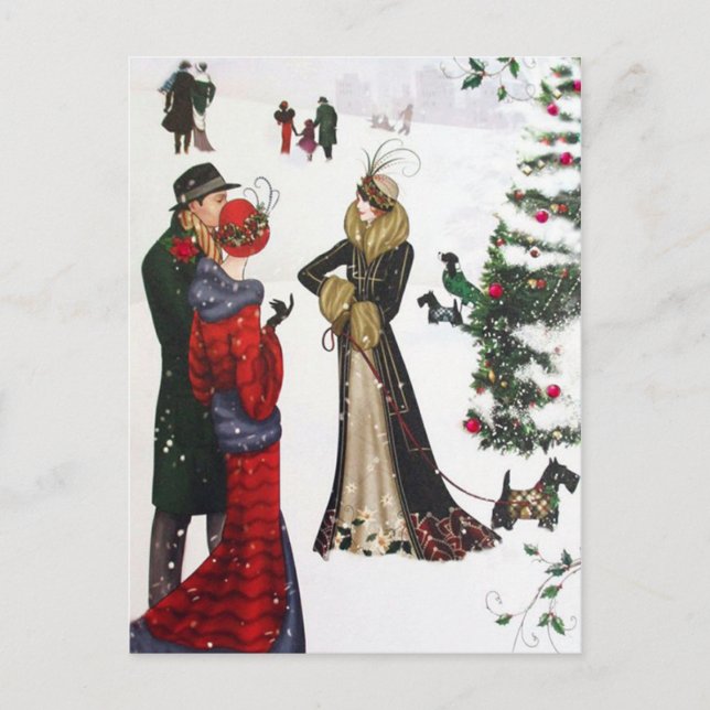 Art Deko Weihnachtsmann Urlaub Vintage Postkarte (Vorderseite)