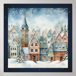 Art folklorique Maisons Poster des arbres de neige