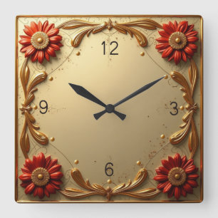 Art Golden Blume Quadratische Wanduhr
