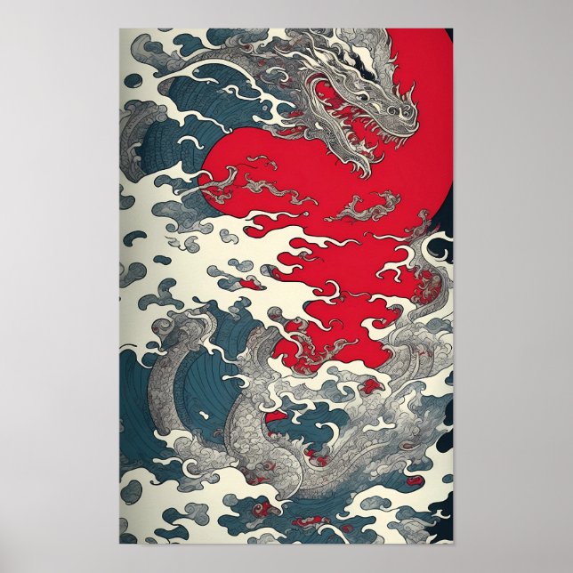 Art Hokusai Die Welle mit Drachen Poster (Vorne)
