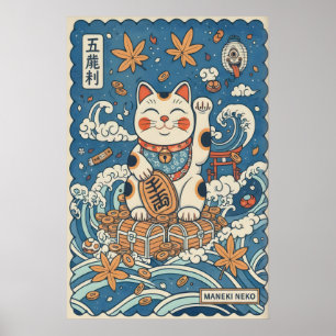 Art mural de chat chanceux - Maneki Neko souriant 