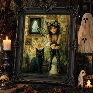 Art mural de Halloween de fée victorienne et chat