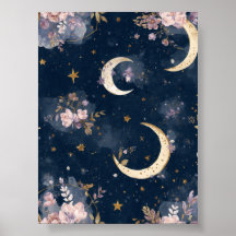 Art mural de lune | Art mural floral | Affiche