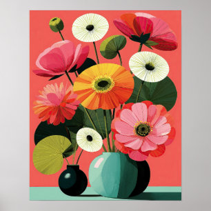 Art mural floral de milieu de siècle corail