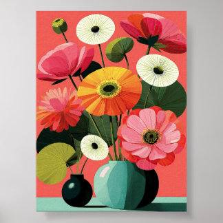 Art mural floral de milieu de siècle corail