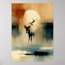 Art mural japonais Sumi-E abstrait de cerf sous la