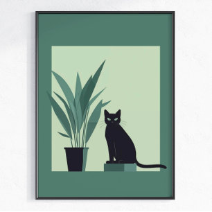 Art mural minimaliste Chat noir botanique vert mod