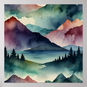Art mural montagne minimaliste aquarelle
