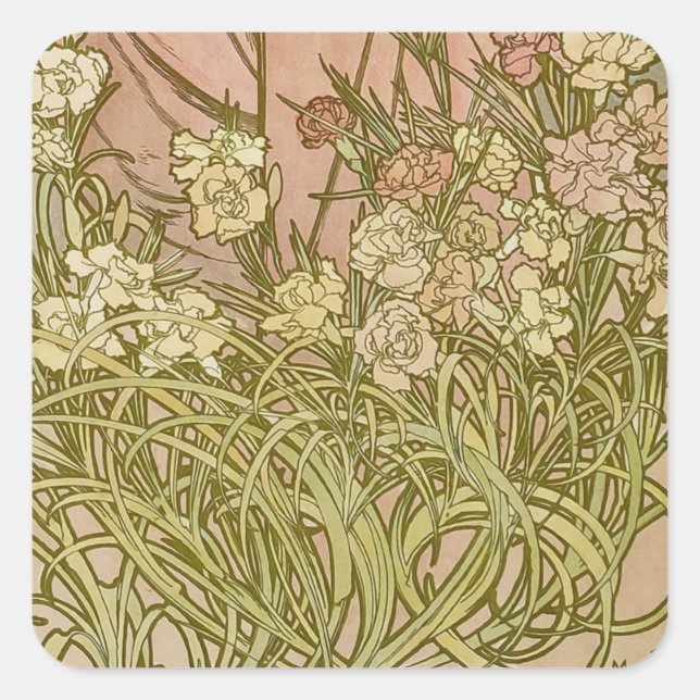 Art Nouveau Alfonse Mucha Blumenzucht Blume Quadratischer Aufkleber (Vorderseite)