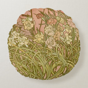 Art Nouveau Alfonse Mucha Blumenzucht Blume Rundes Kissen