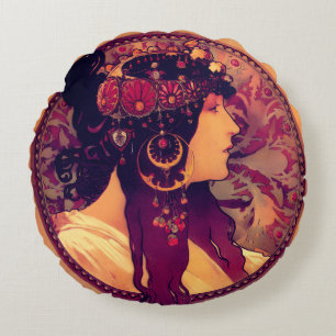 Art nouveau Alphonse Mucha Donna Orechini elegant Rundes Kissen