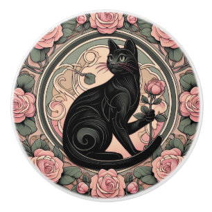 Art Nouveau Art Deco Schwarze Katze Keramikknauf